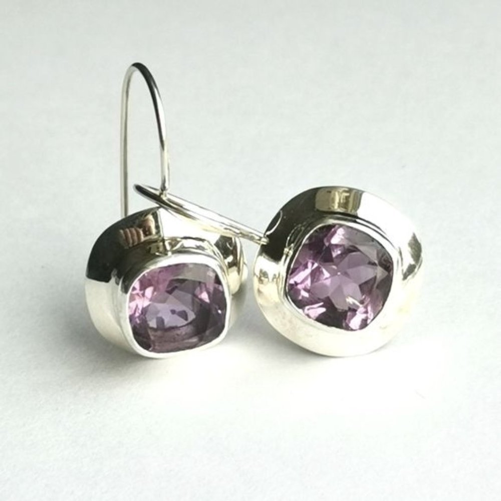 NEW Modernist square cut Amethyst sterling silver drop earrings
